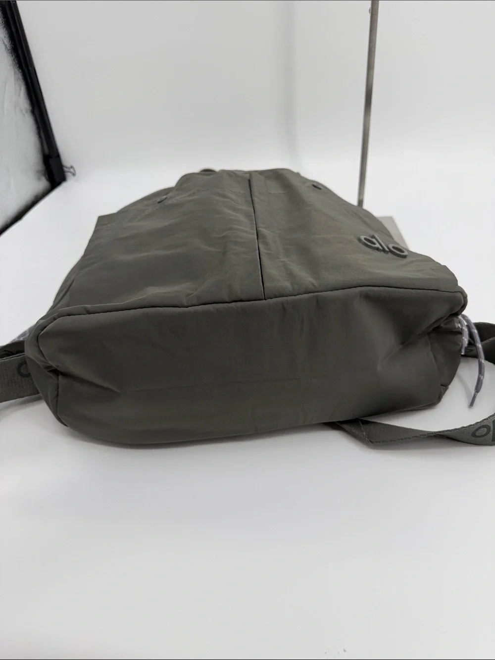 ALO Yoga Canvas Gray Drawstring Messenger Backpack Convertible Tote Bag